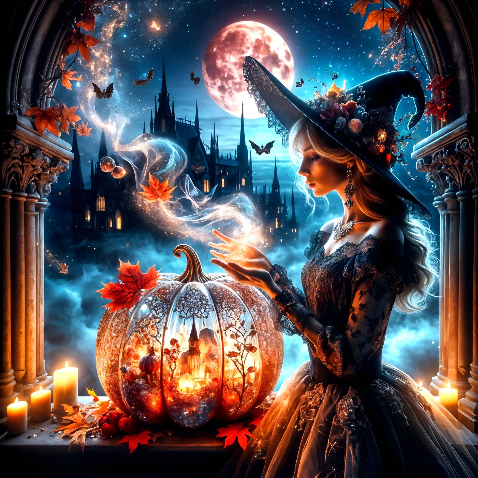 Witch with Jeweled Pumpkin Under Red Moon