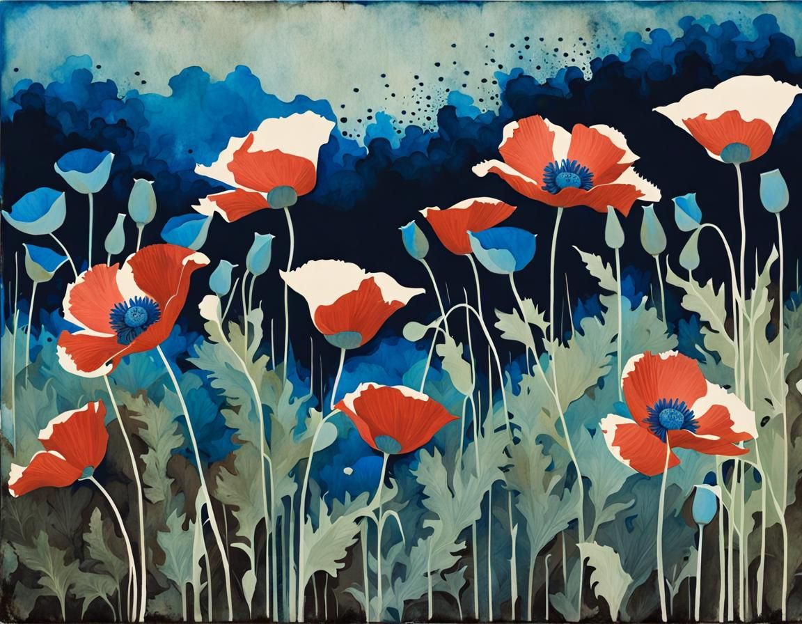 Ethereal Cyanotype Landscape with Blue Poppies