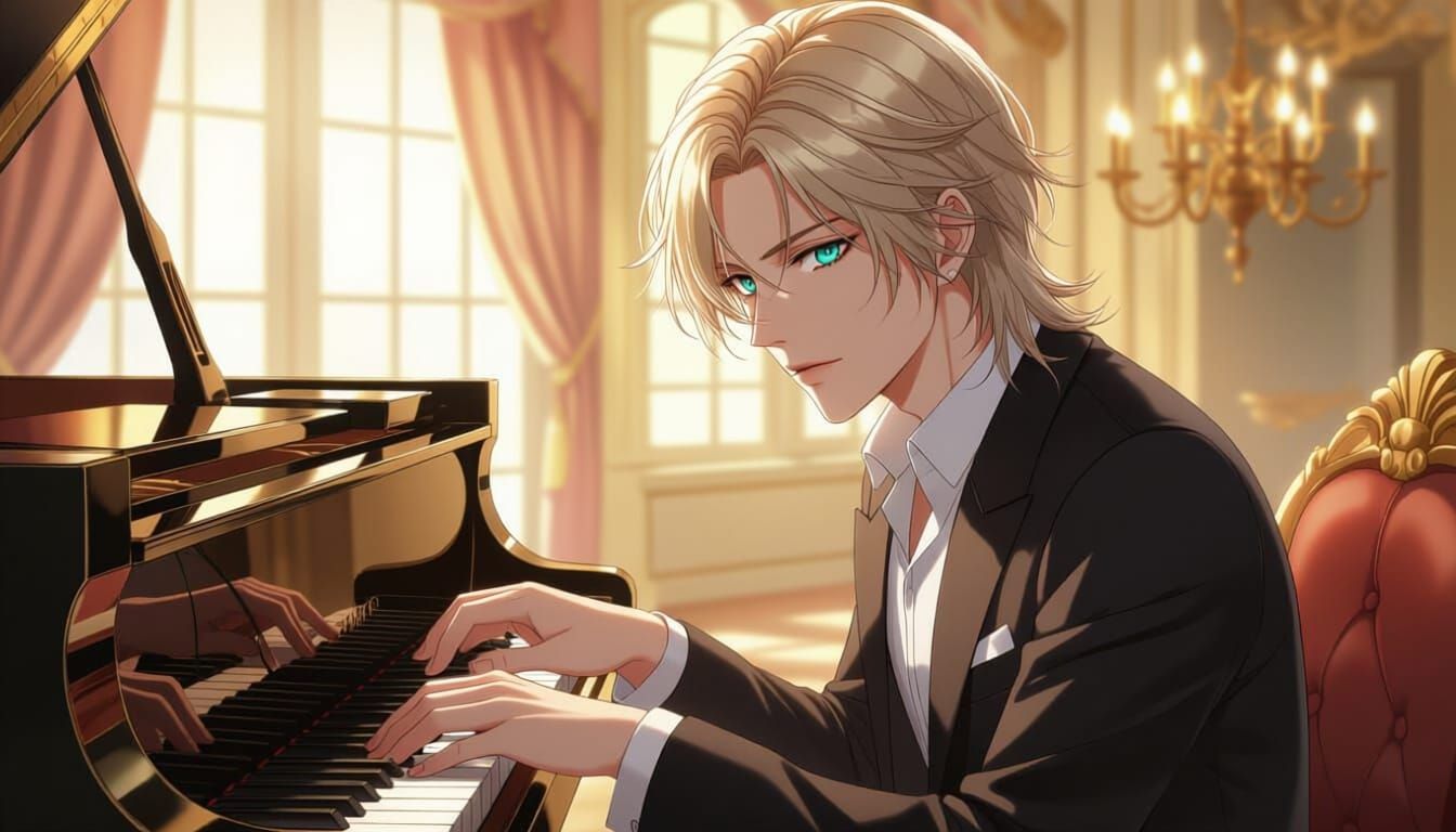 Blond Man Plays Piano Holding Rose, Intense Teal Eyes