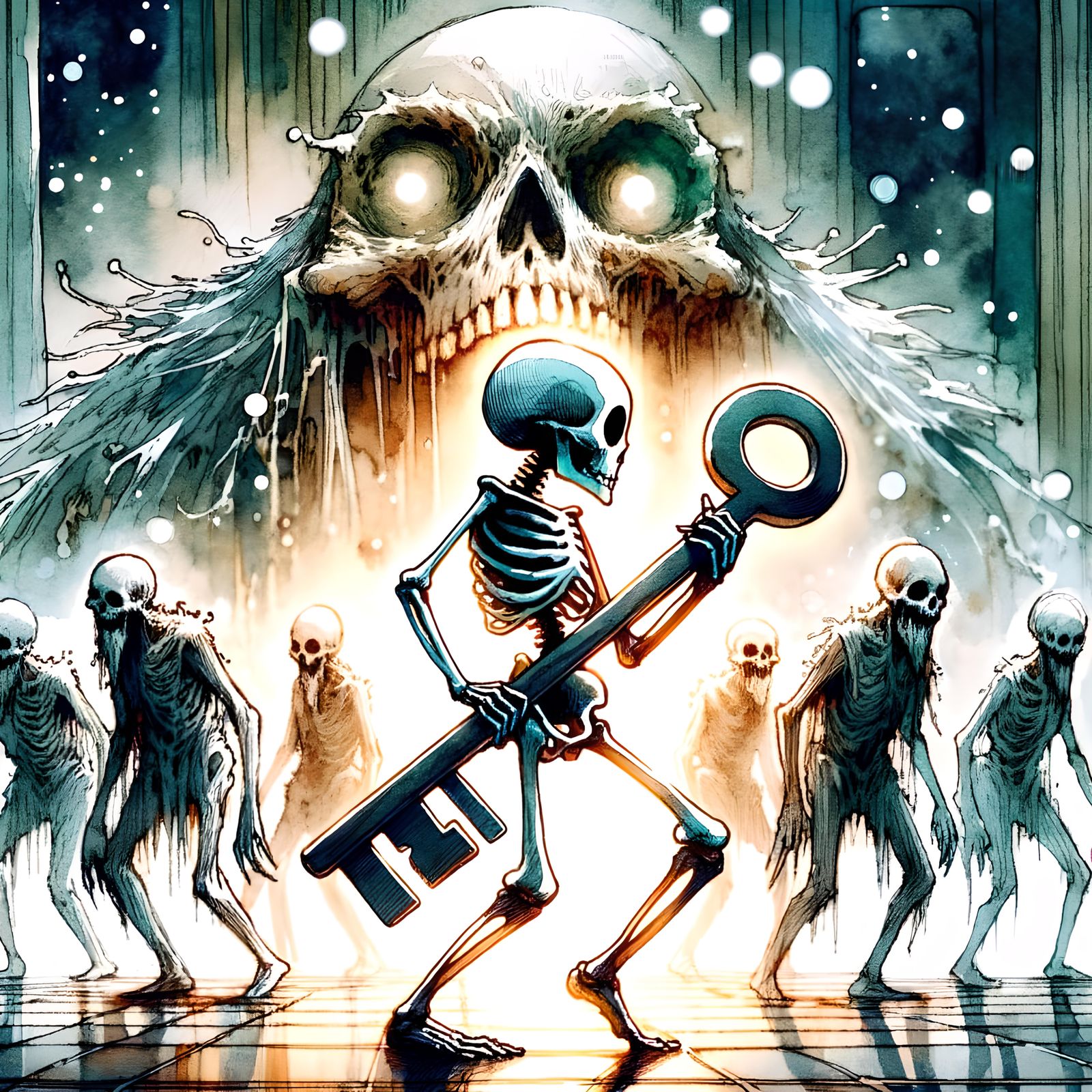 Dancing Skeleton Key with Eldritch Horrors in Watercolor