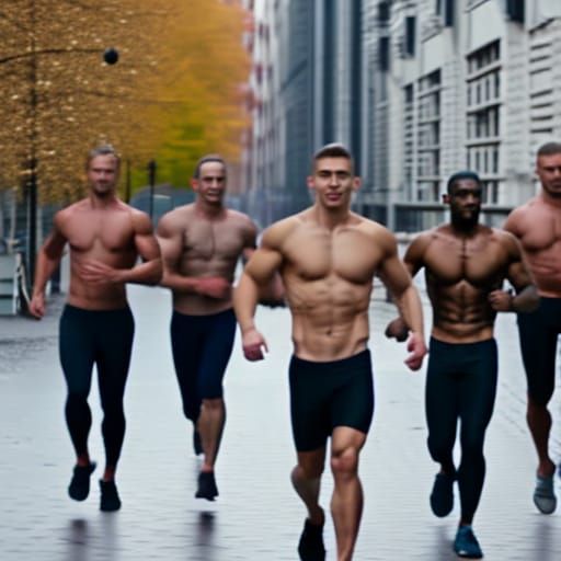 Muscular Men Running Shirtless in Autumn City