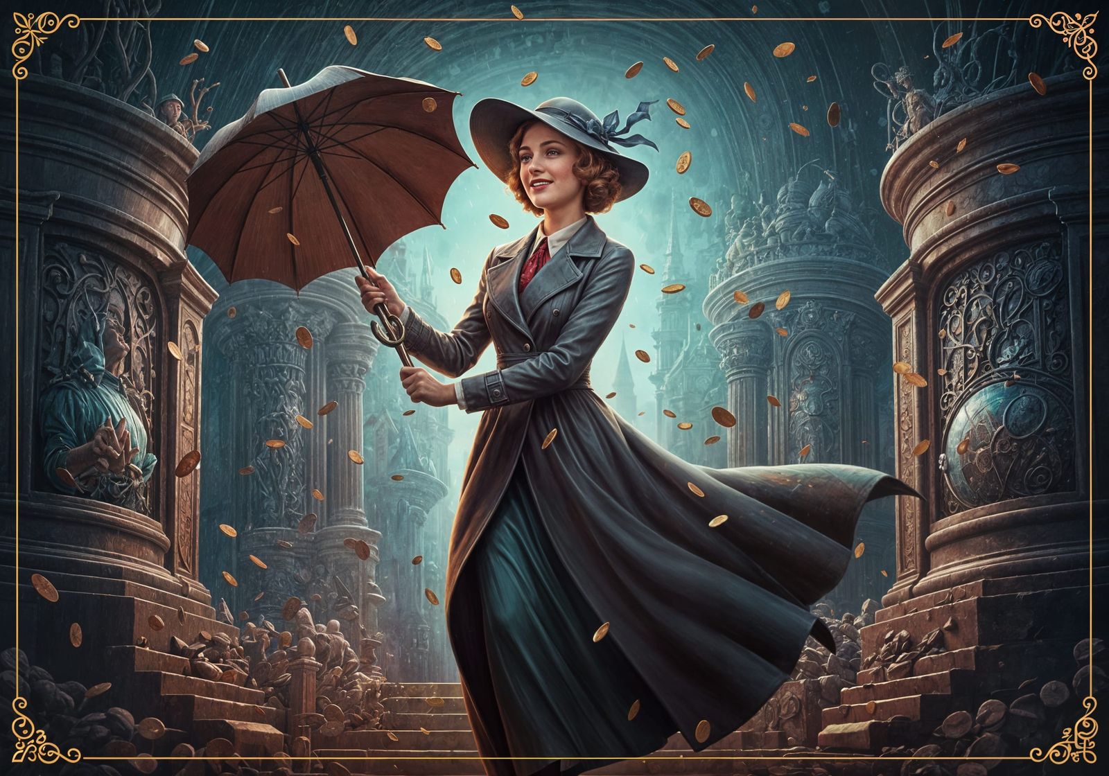 Woman Smiles as Pennies Rain Down in Nostalgic Scene