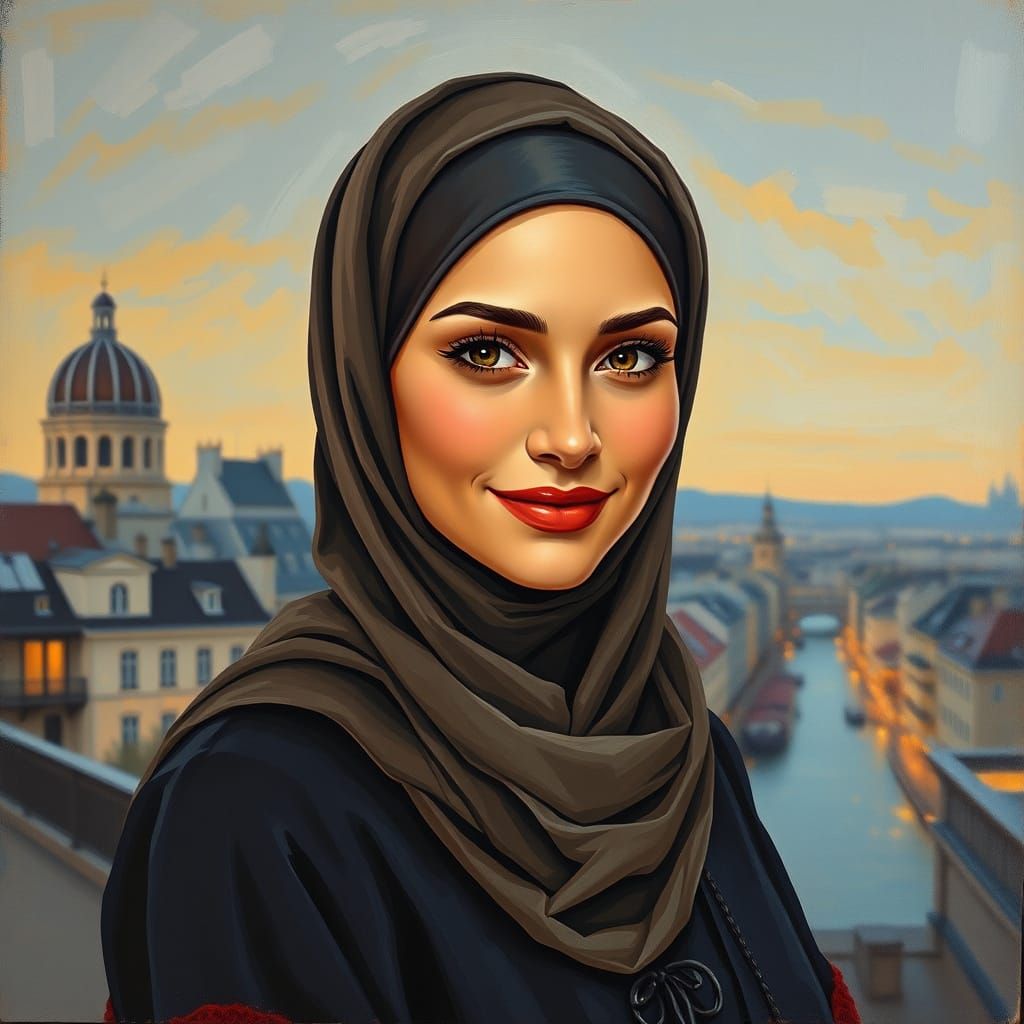 Elegant Hijabi Woman Portrait in City Evening