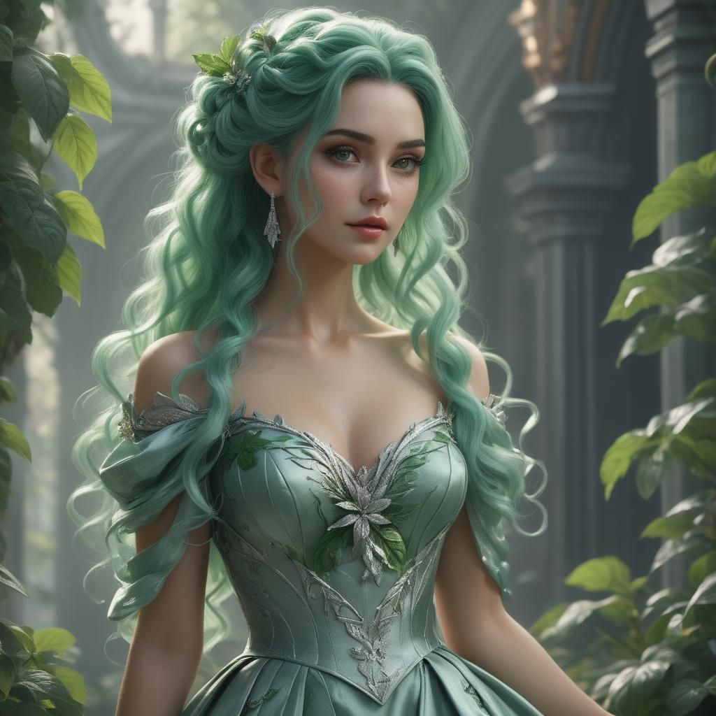 Girl with Green Hair and Mint Dress: Fantasy Art