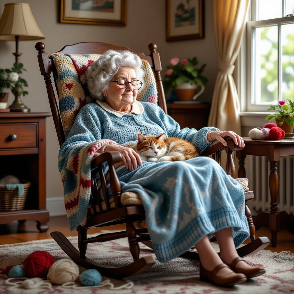 Cozy Nap: Old Lady and Cat in Comic Book Style
