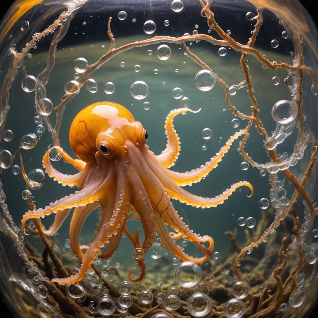 Orange Octopus in Sunken Lantern, Hyperrealistic Detail