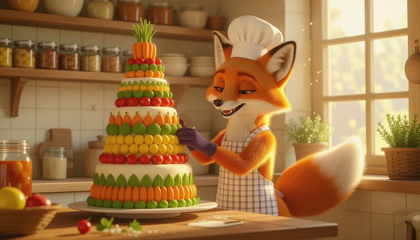 Anthropomorphic Fox Baker Decorates Vegetable Cake