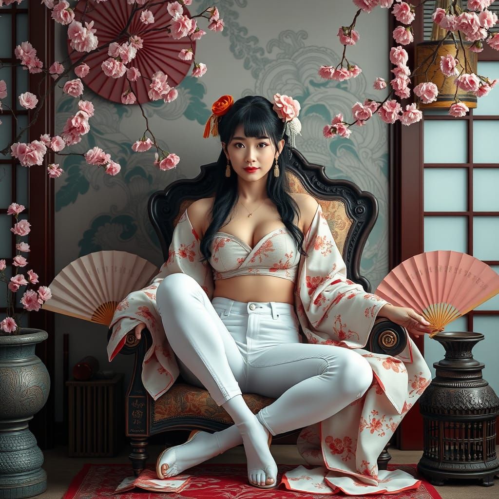 Geisha in White Jeans with Cherry Blossoms