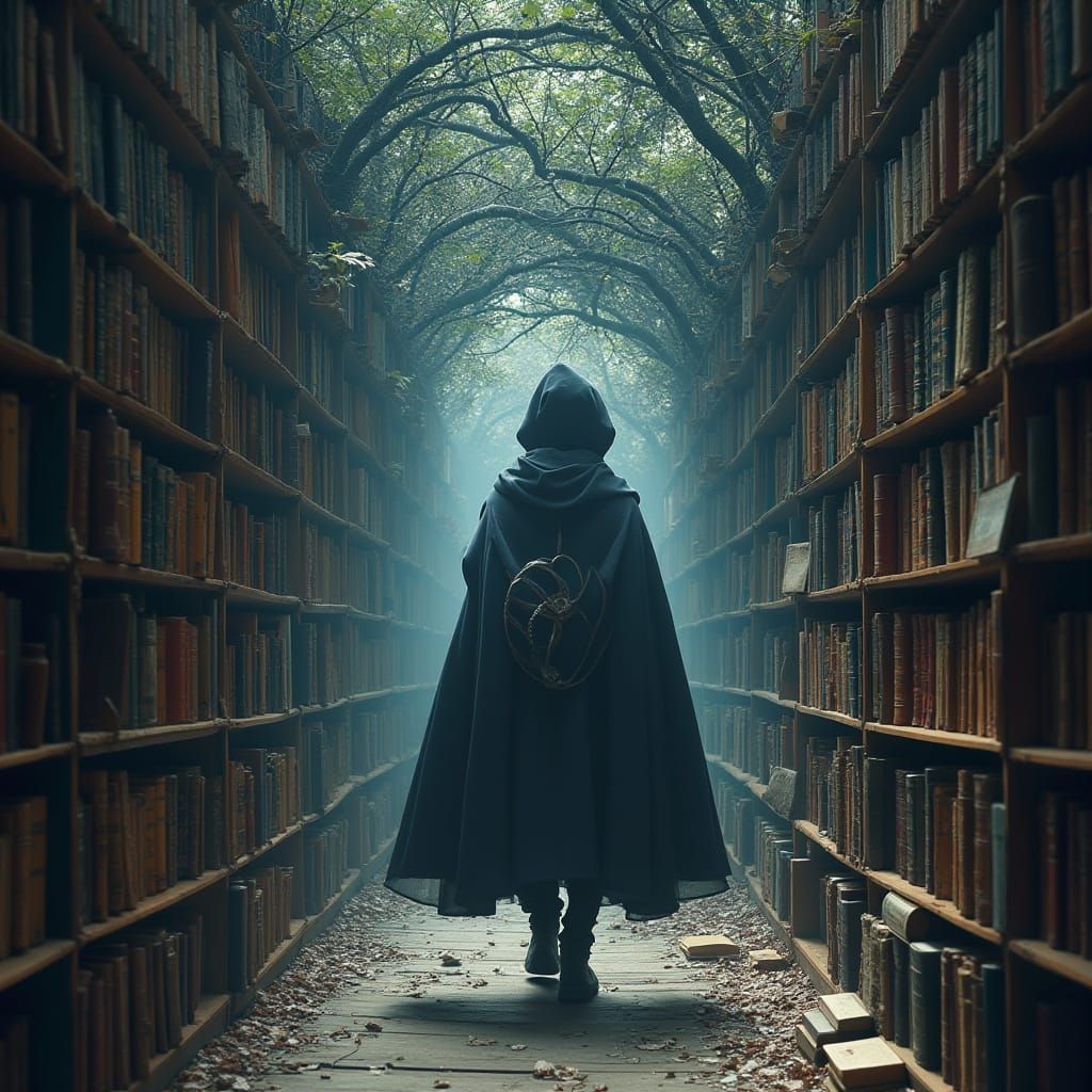 Surreal Biblioteca in Darkwood Style with Beksiński-Inspired...