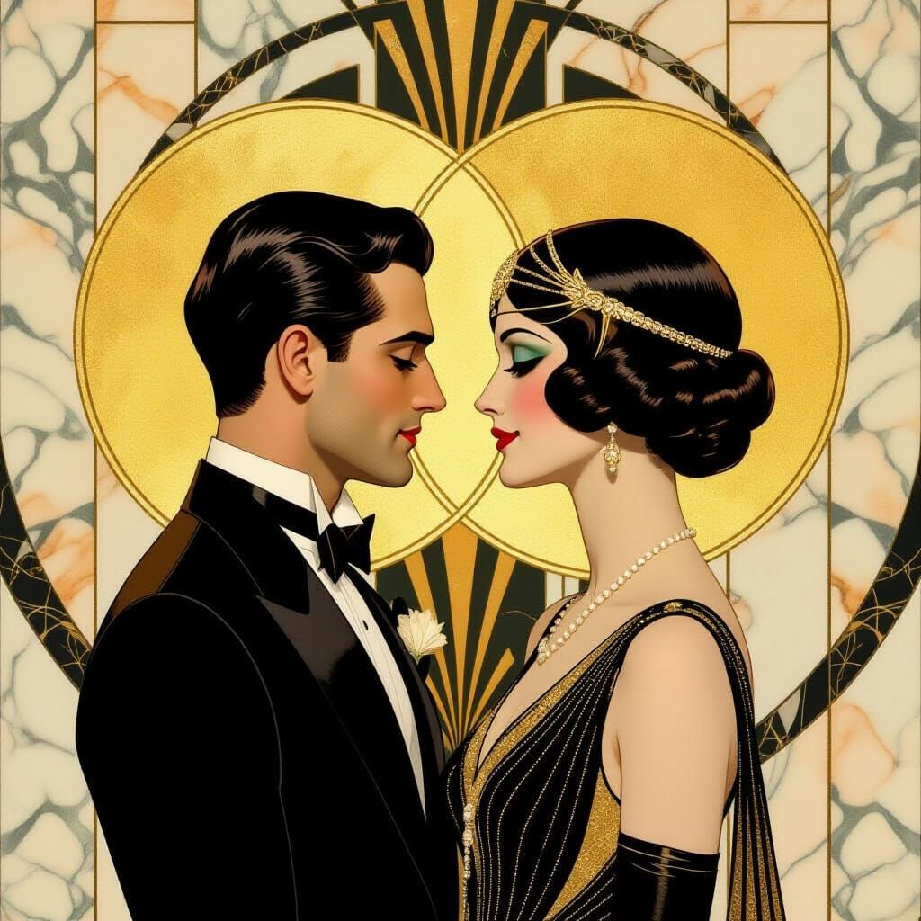 Art Deco Couple with Harmonious Golden Halos