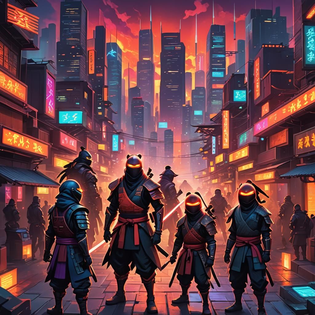 Colorful Ninjas and Samurai in Futuristic Cityscape