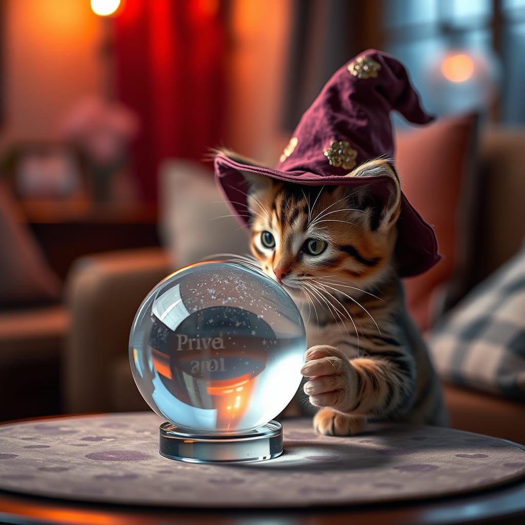 Kitten Wizard with Crystal Ball in Cozy Room