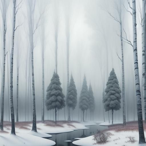 surreal, magical realism, Snowy, misty, birch Forest landsca...