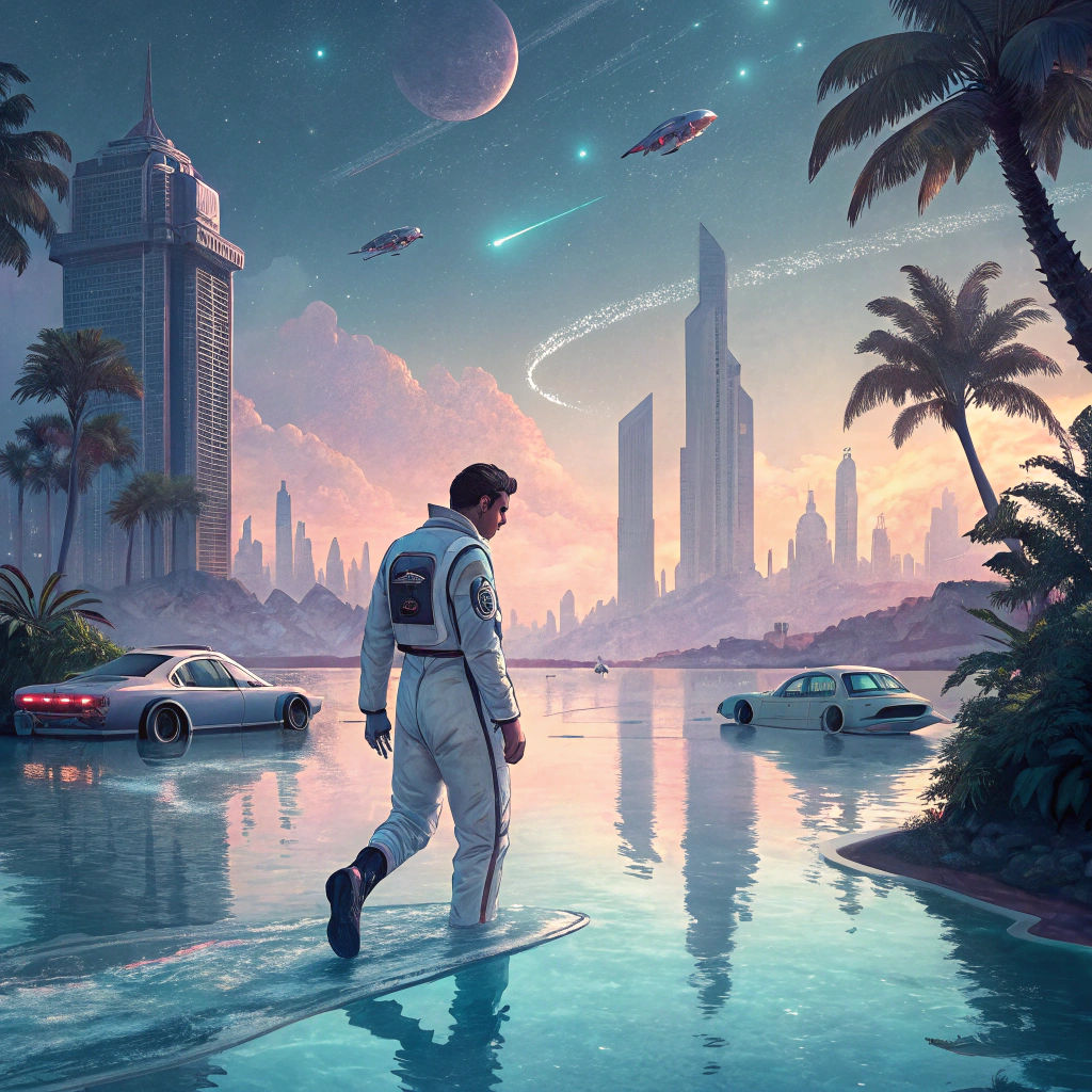 Futuristic Man Walking in Neon Cityscape