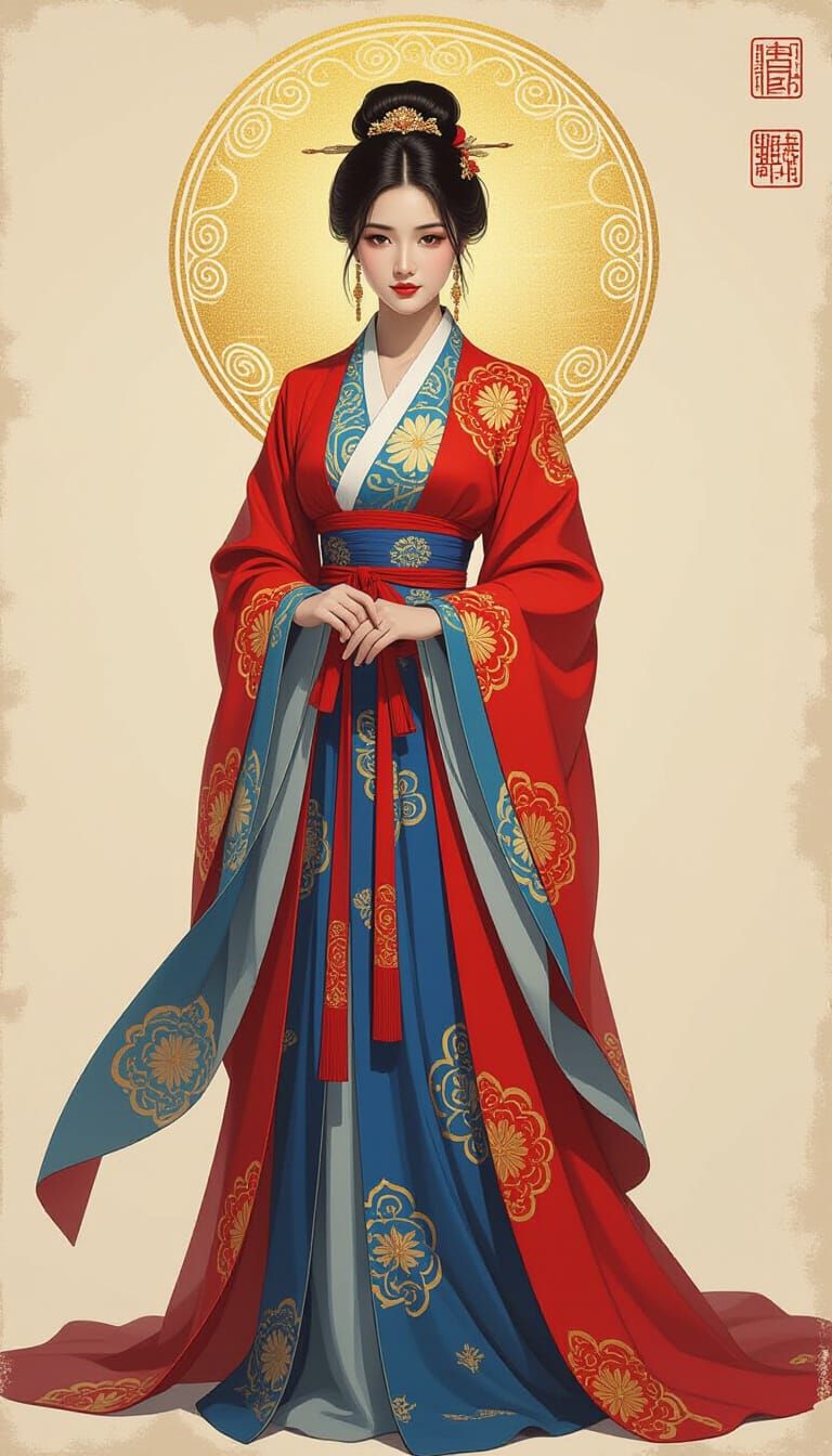 Elegant Asian Woman in Hanfu: Oil Painting