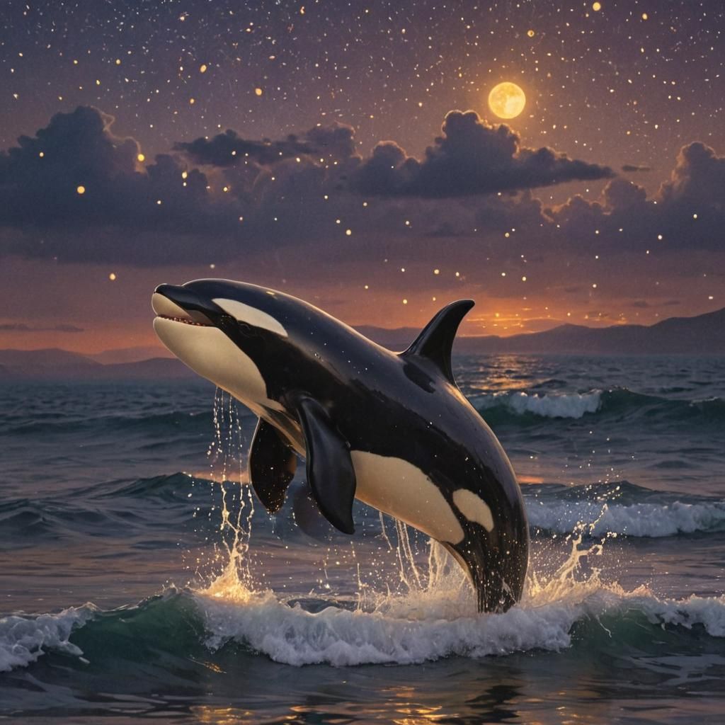 Mystical Orca Leaping Under Twilight Sky