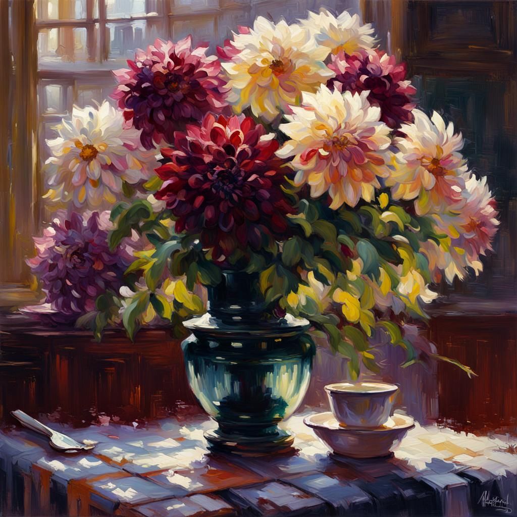 Plaid Dahlia Oil Painting in Post-Impressionist Style