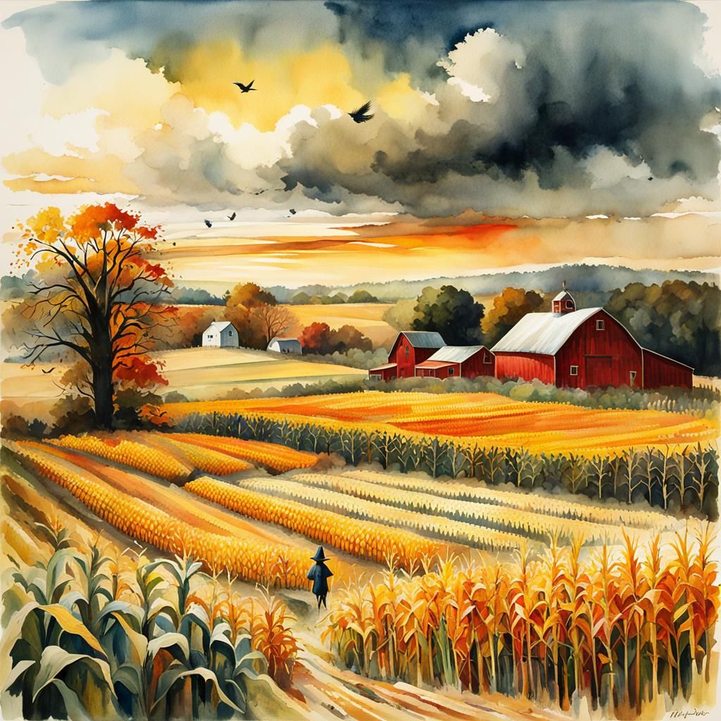 Autumn Farm Landscape in Watercolor and Ink