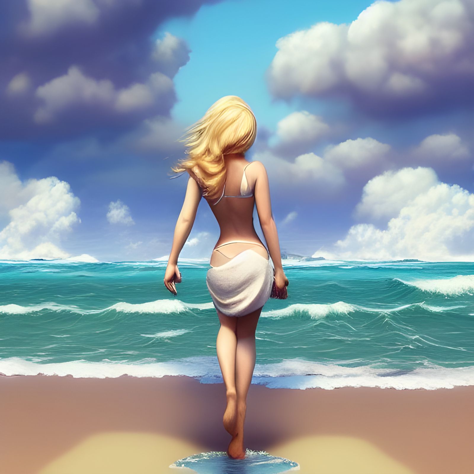 Blonde Woman Emerging from Ocean: 3D Digital Art