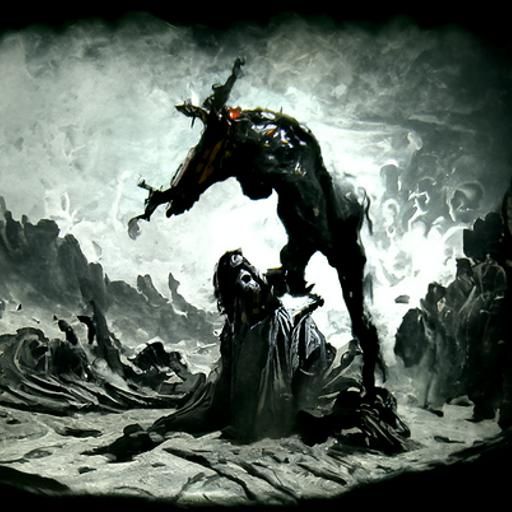 Jesus riding a horse and chasing the devil in the fiery pit. The devil had tears in his eyes, and Jesus was gaining on h...