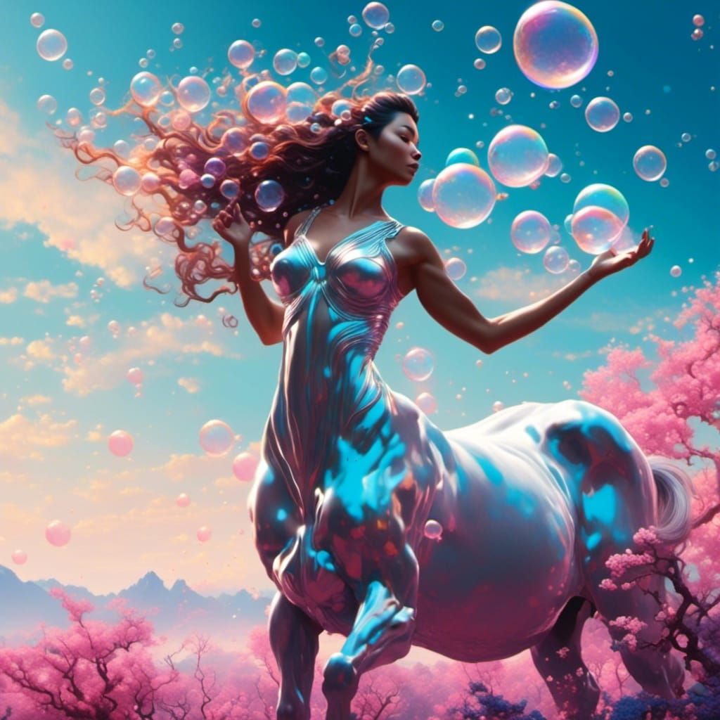 Graceful Centaur Blowing Bubbles in Meadow