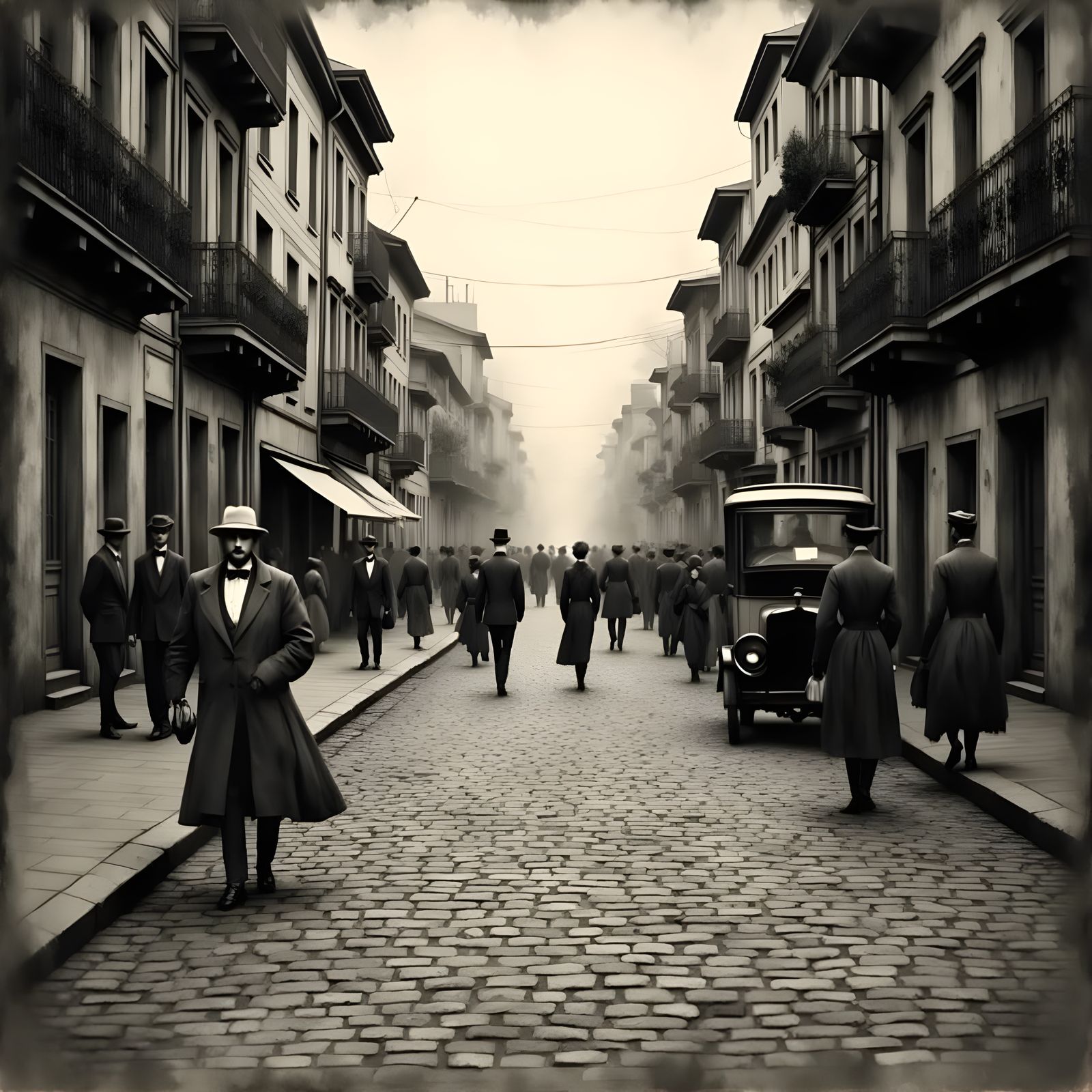 Early 20th Century Urban Street Scene in Carbon Print Style