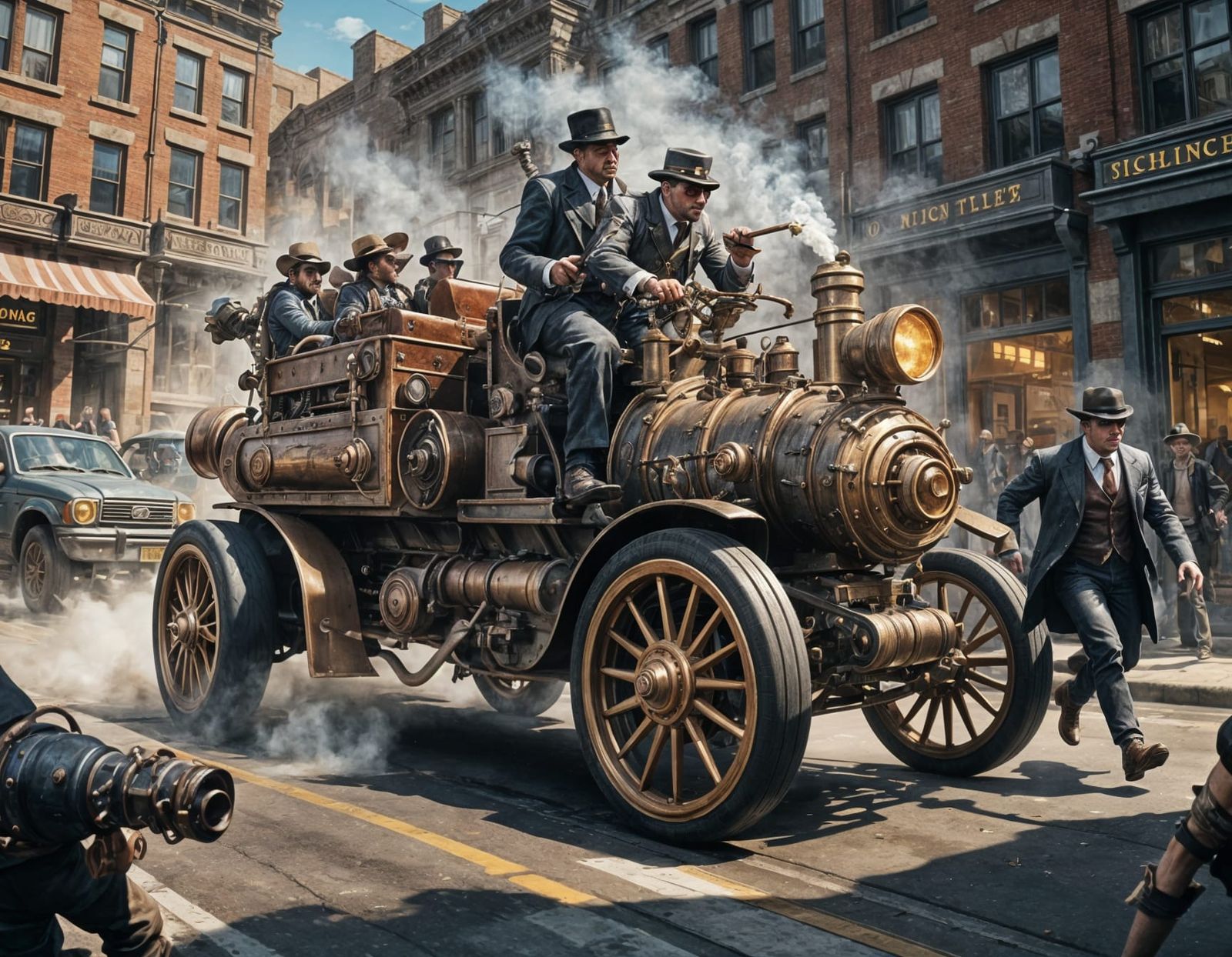 Cyclops Stops Steam Car Robbery: Hyperrealistic Splash Art