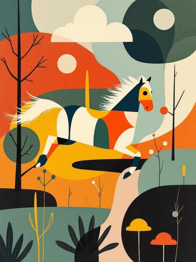 Geometric Horse Art in Mid-Century Modern Style