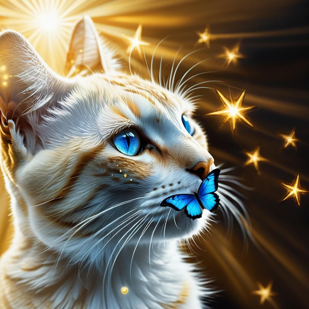 Ethereal Cat Profile with Shimmering Butterfly in Golden Glo...