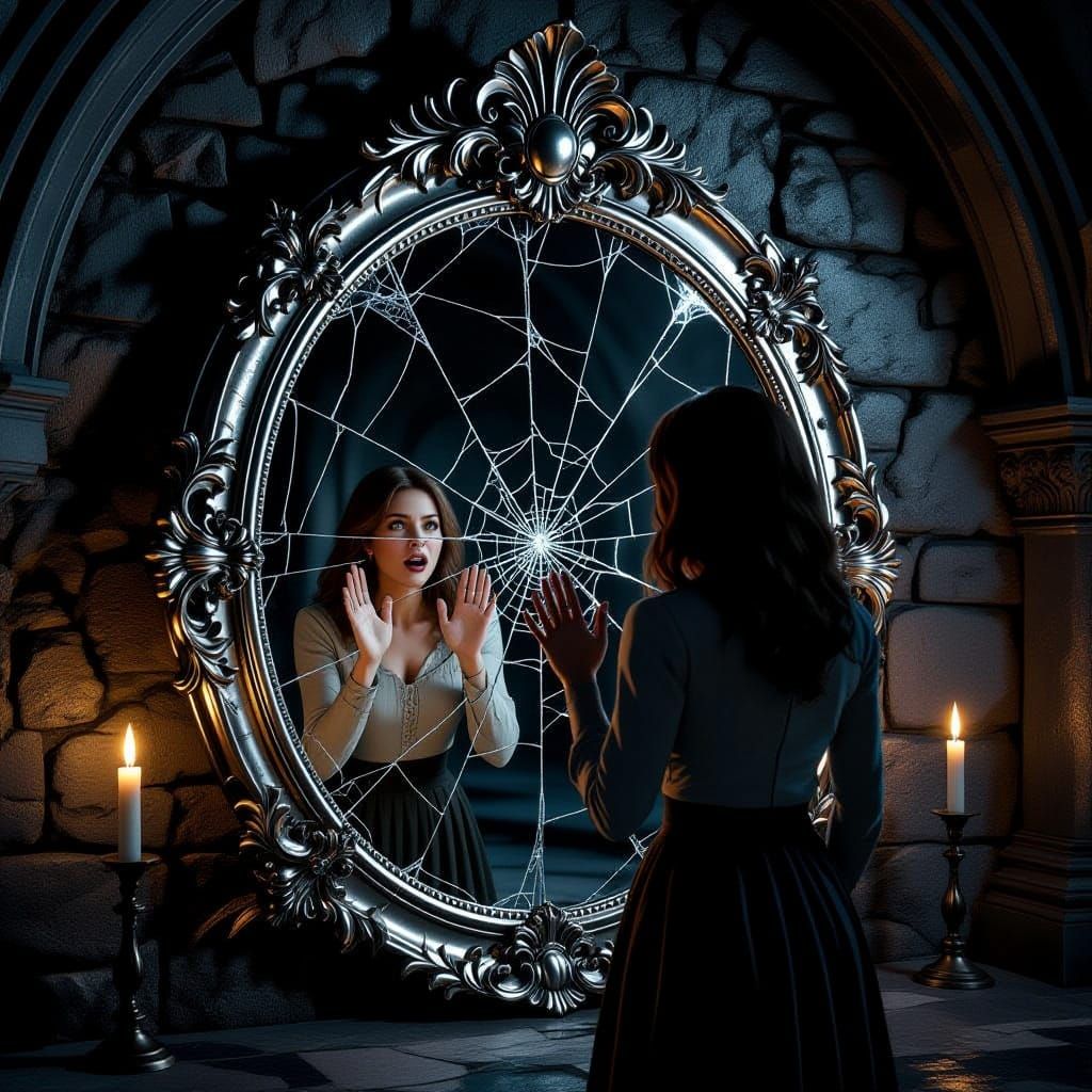 Large ornate Victorian silver mirror with baroque frame in d...