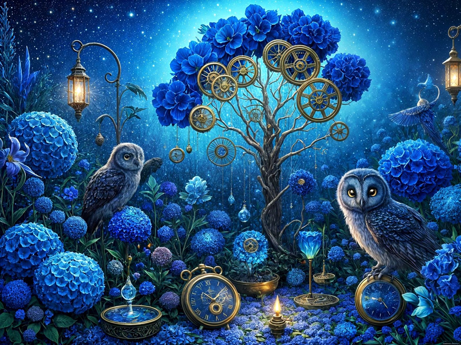 Celestial Midnight Garden with Brass Clockwork Tree