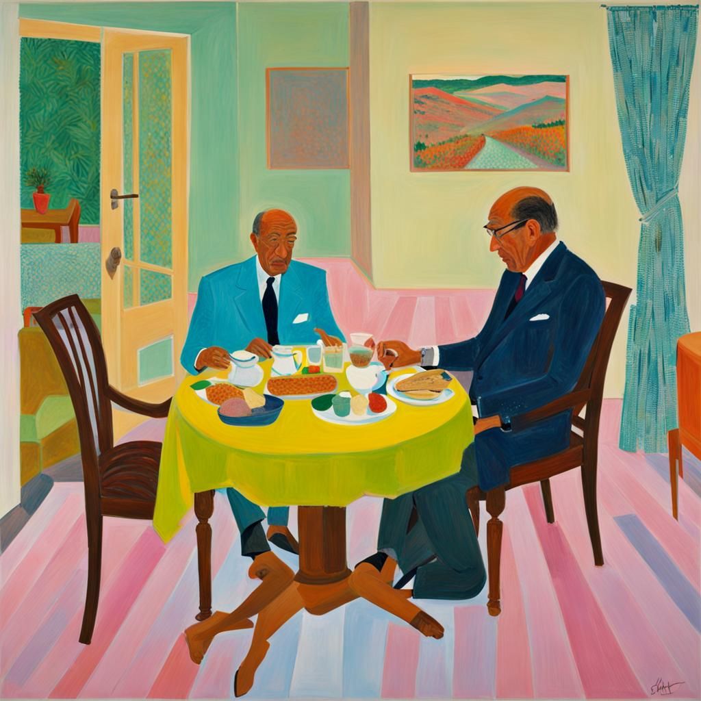 Anwar Sadat's Last Breakfast as a Hockney-esque Painting