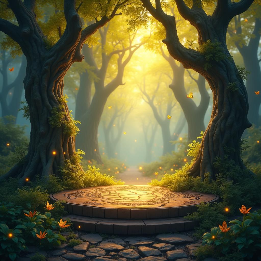 Enchanted Forest Platform in Golden Light: Fairytale Book Ad