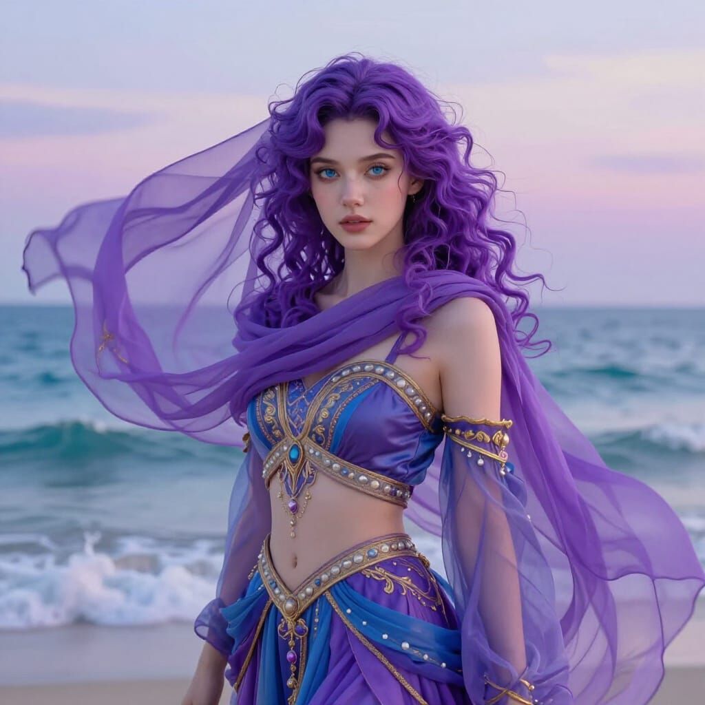 Ethereal Woman in Flowing Purple Dress by the Ocean