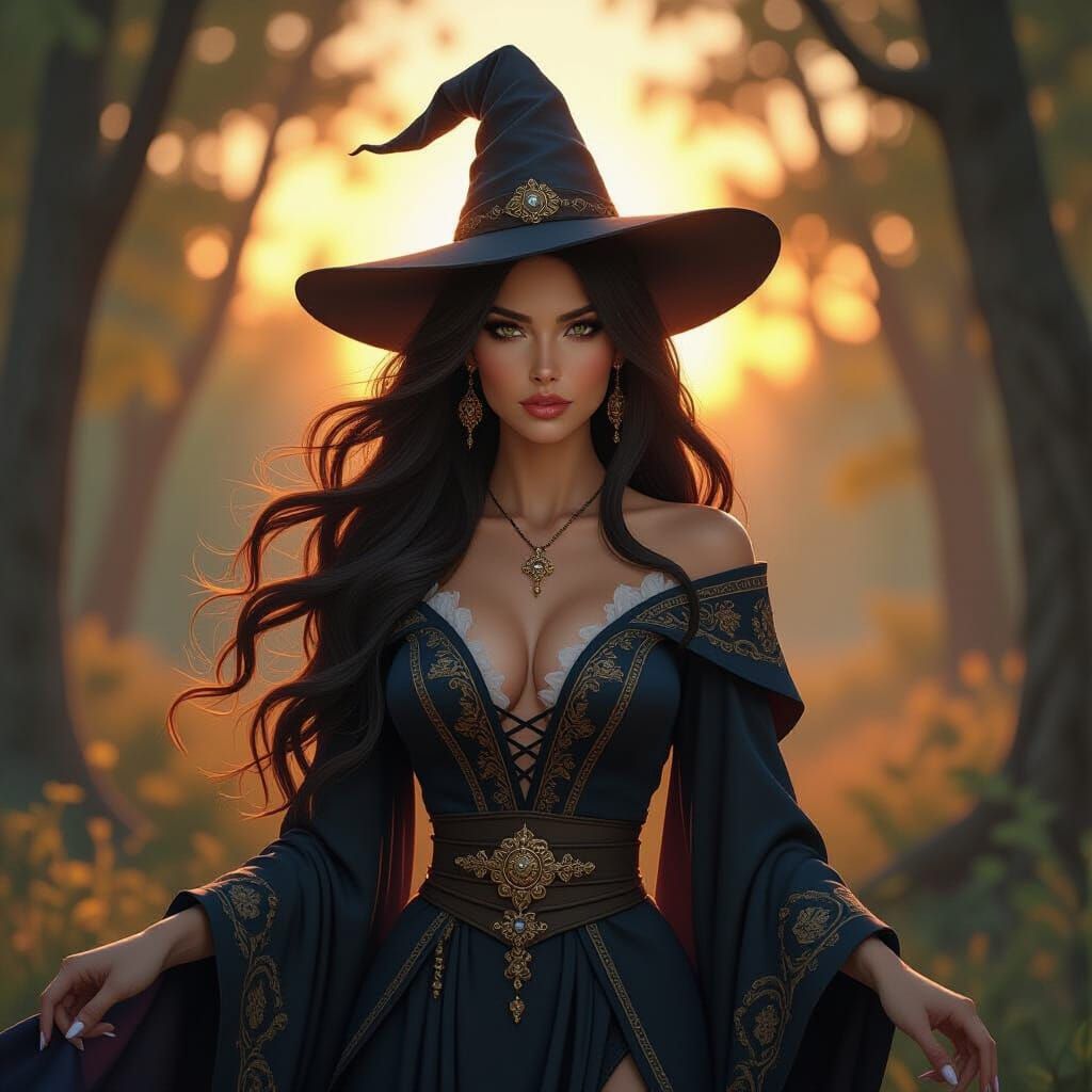 Confident Sorceress in Forest Clearing, Hyperrealism Style
