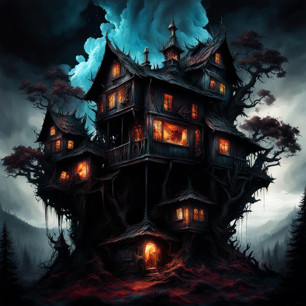 Haunted Village in Ominous Woods, Ink Flow Art