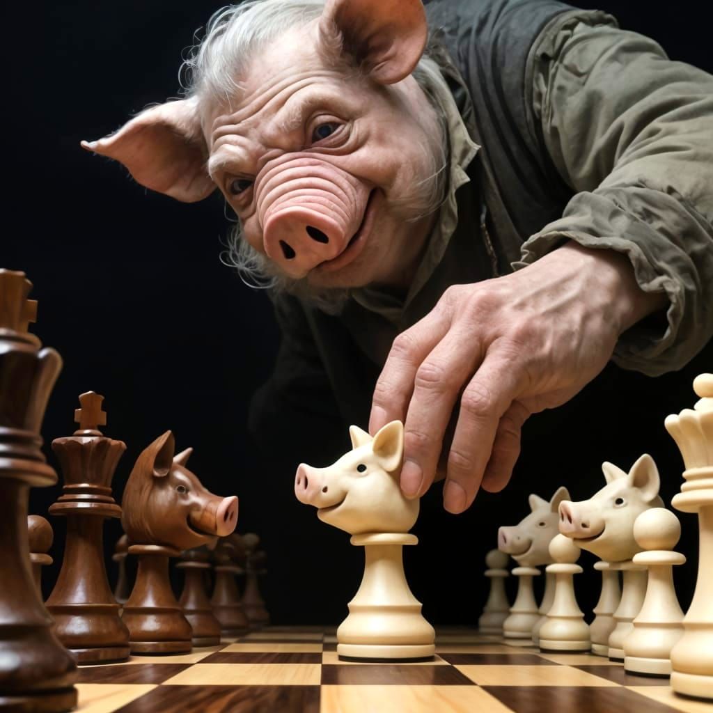 Surreal Pig-Themed Chess Game in Gothic Realism