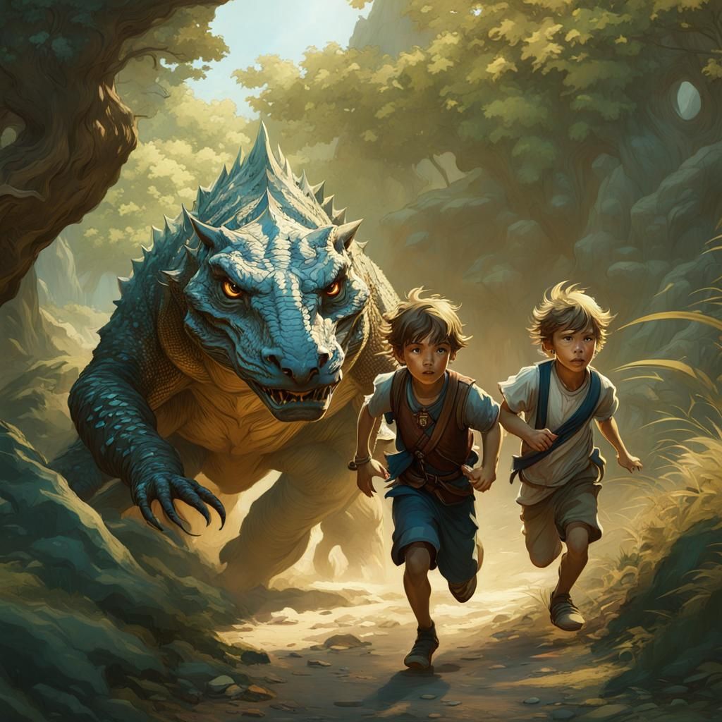 Boys' Escape: Komodo Dragon Chase, Art Nouveau Style