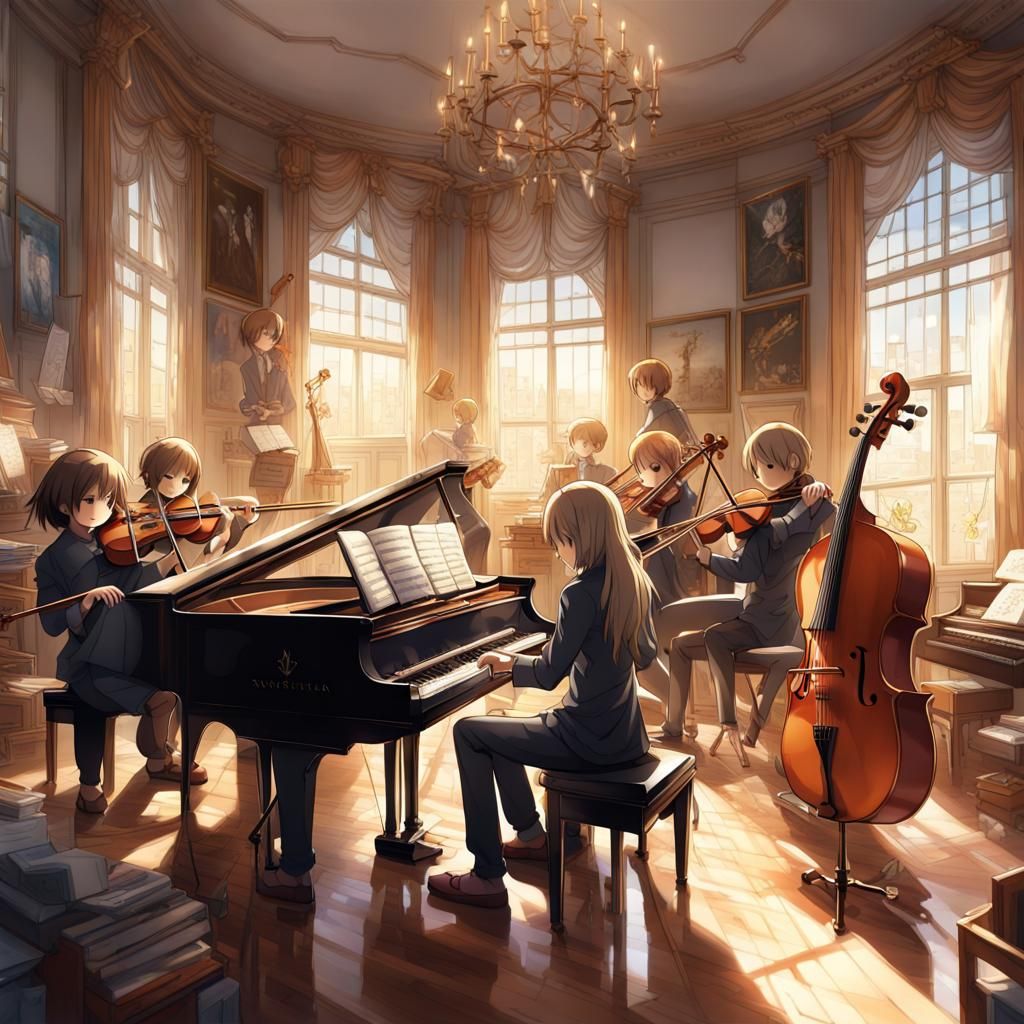 Anime Style Orchestra Performance in Music Room