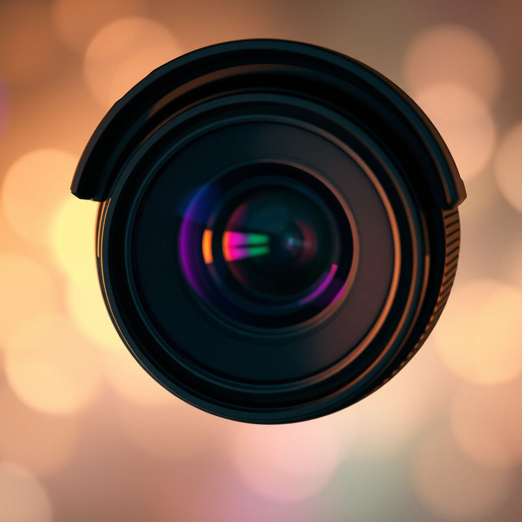 High-Resolution Camera Lens Close-Up with Golden Bokeh