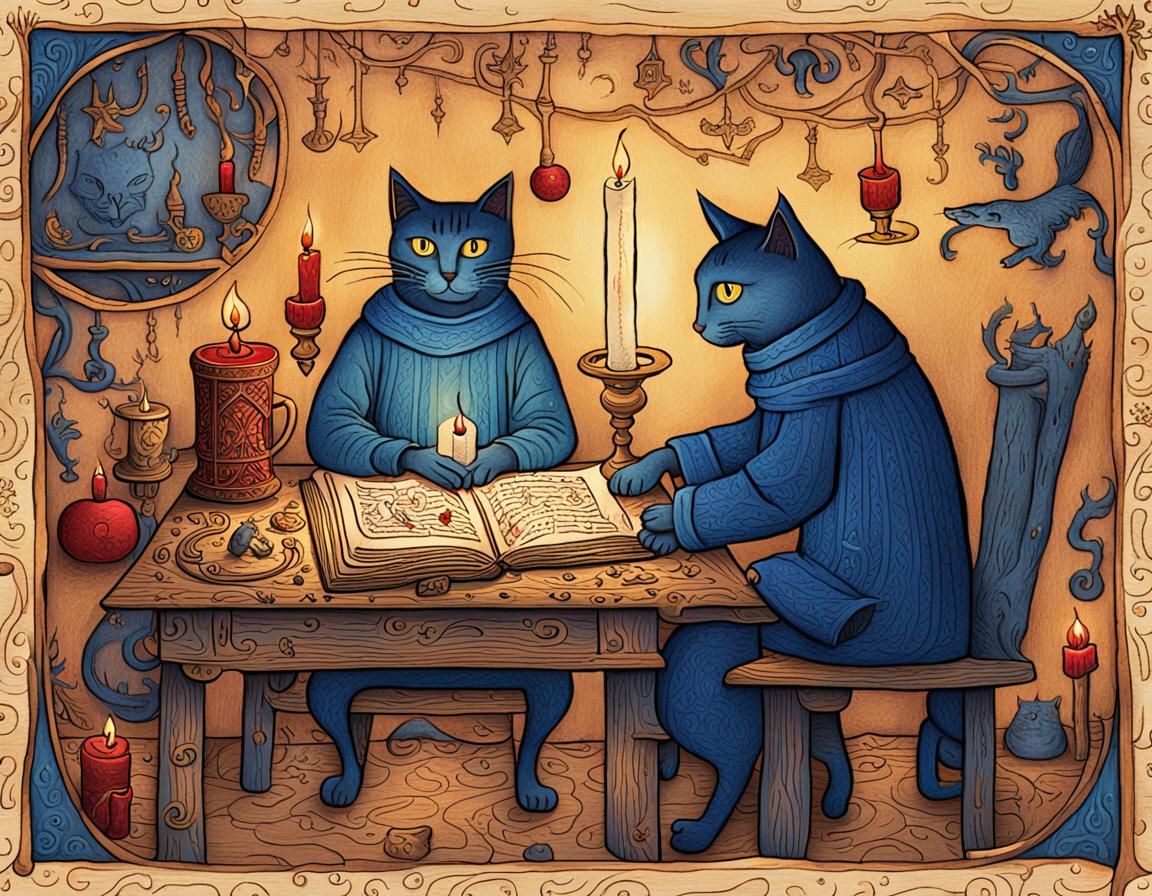 Medieval Manuscript: Cat and Man at Desk