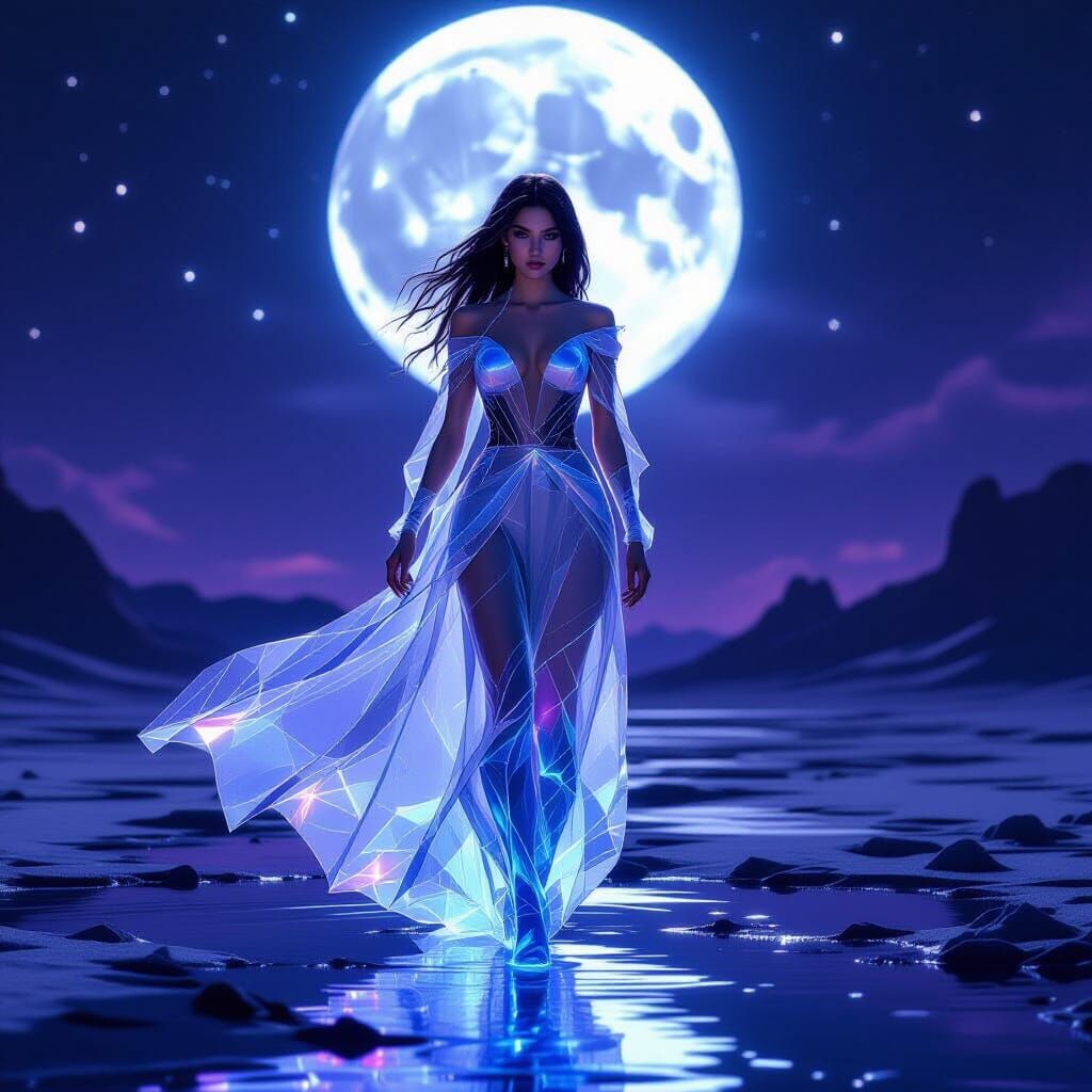 Liquid Glass Woman on Rogue Planet in Digital Art Style