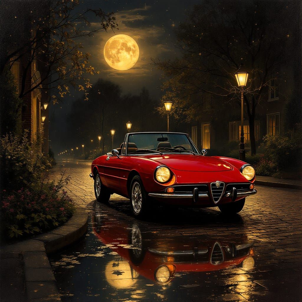 Alfa Romeo Spider in Rembrandt-Inspired Oil Painting
