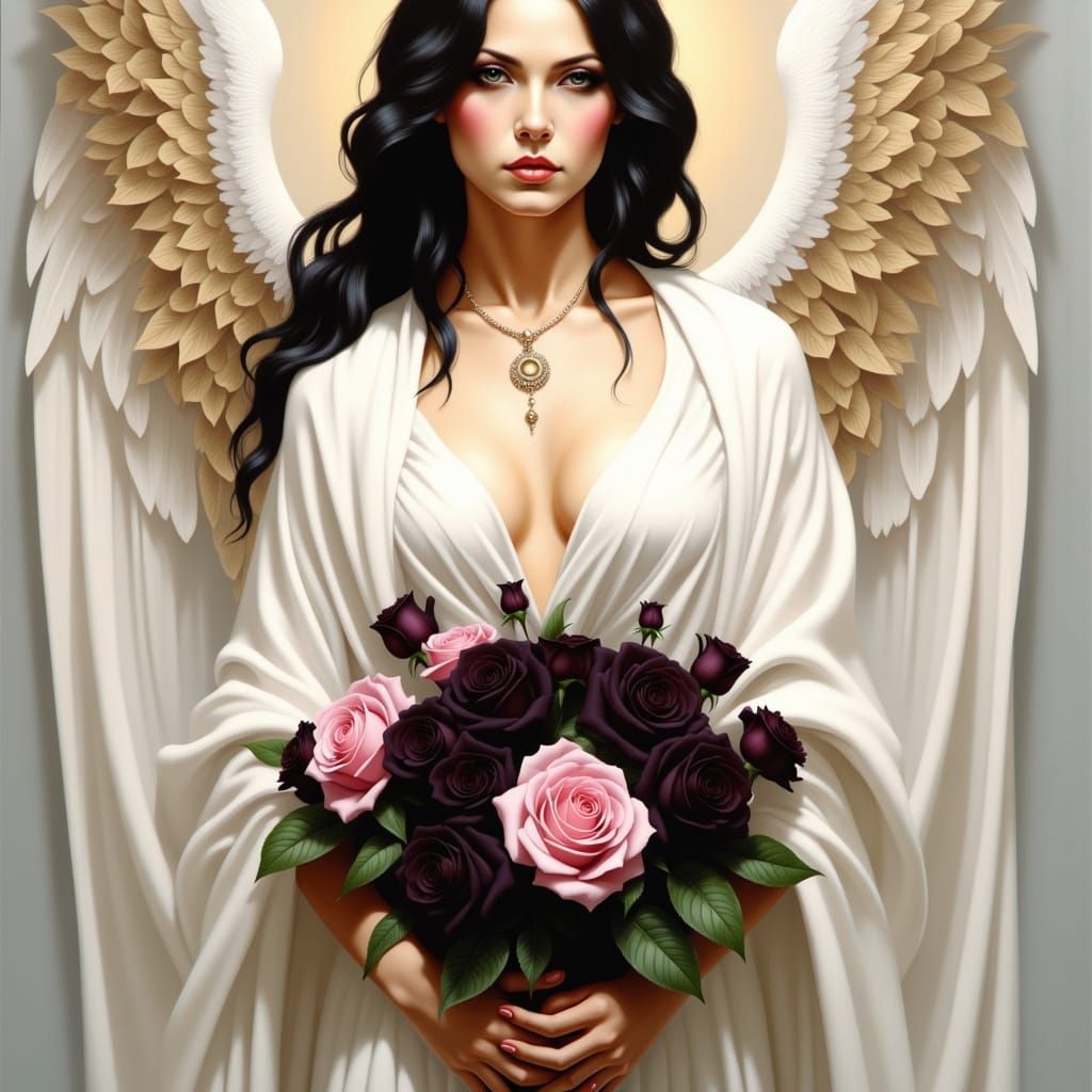 Angel in a Dreamy, Symbolist Style, Holding a Bouquet of Bla...