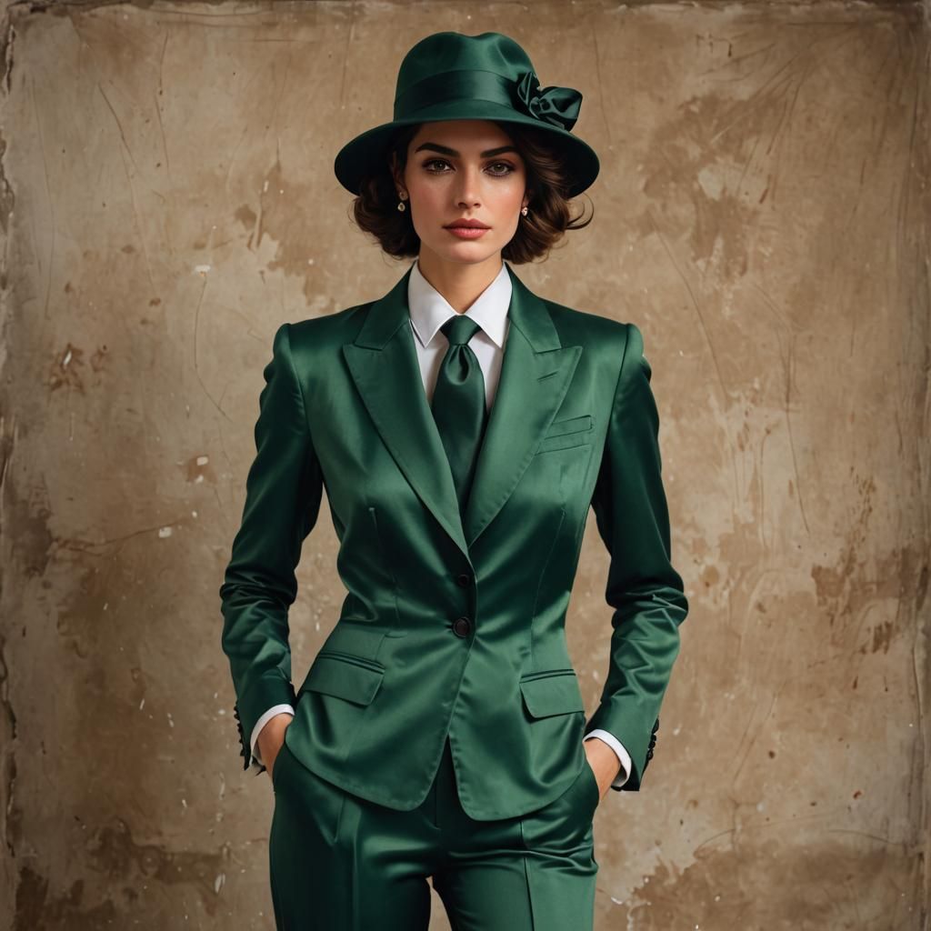 Elegant Italian Woman in Green Satin Suit