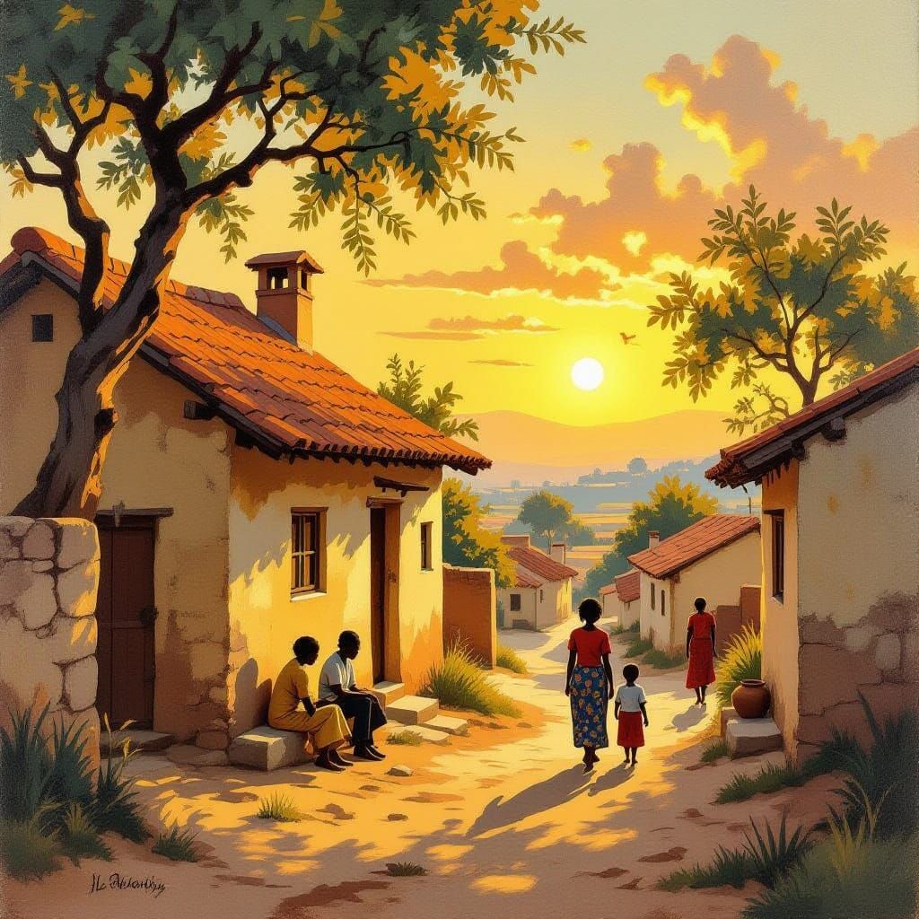 Warm Village House Scene with Peaceful Inhabitants in Painte...
