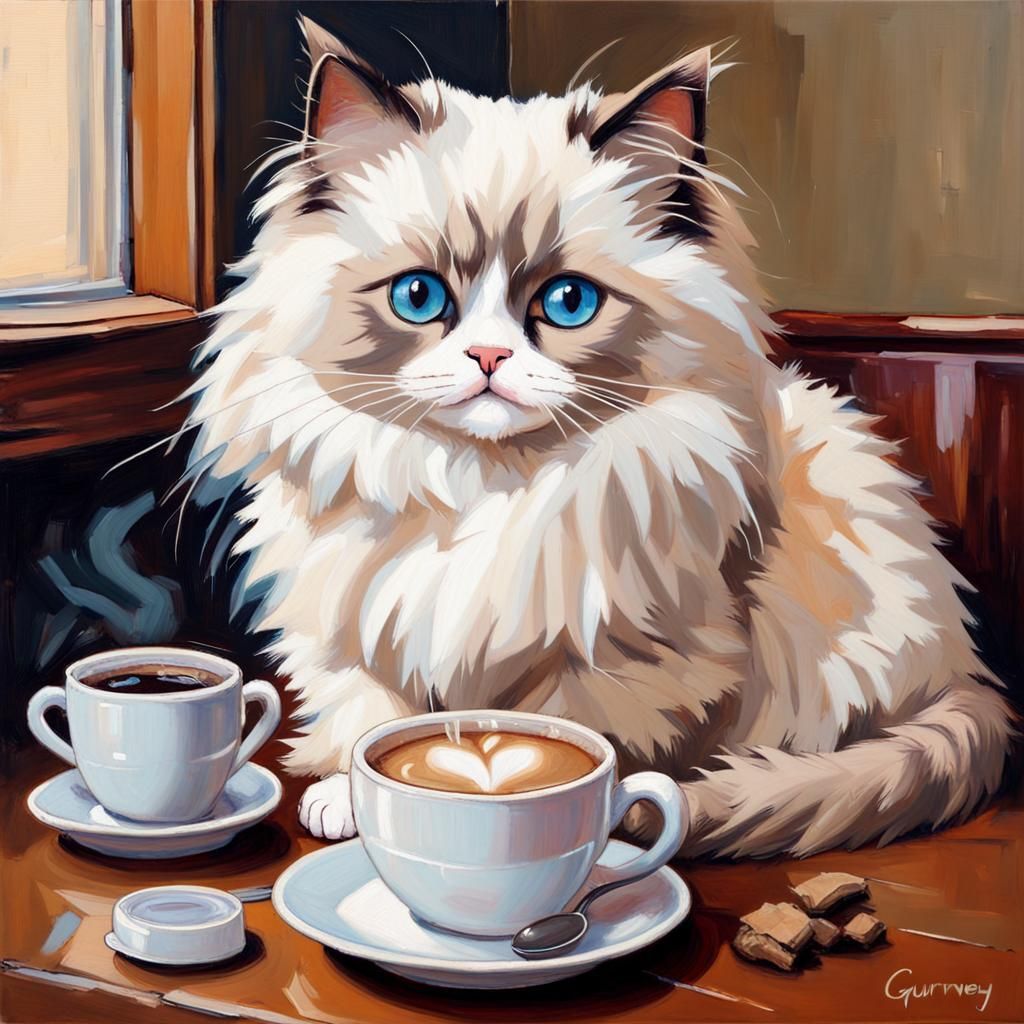 Ragdoll Cat Enjoying Coffee as Oil Painting