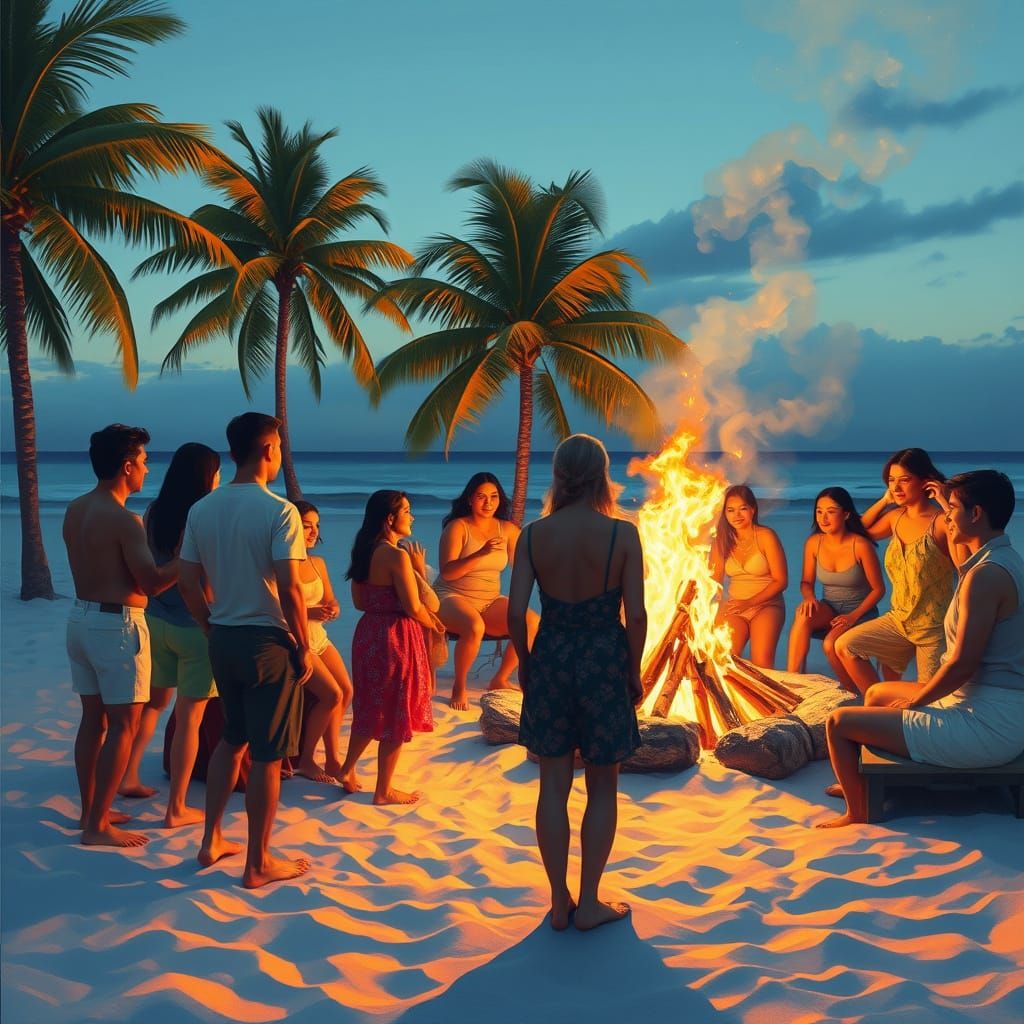 Bonfire on Beach at Night in Vibrant Style