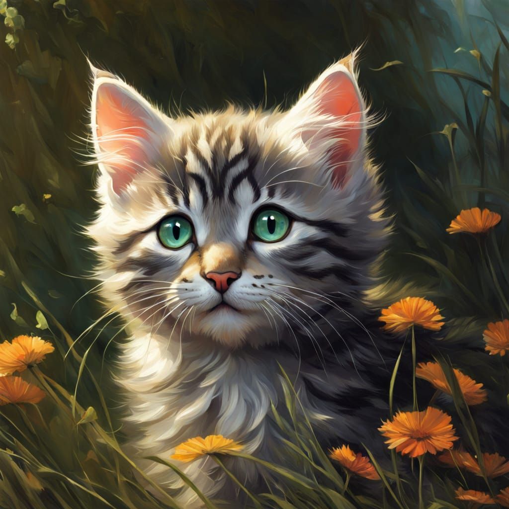 Fluffy Tabby Kitten in Waterhouse Anime Style