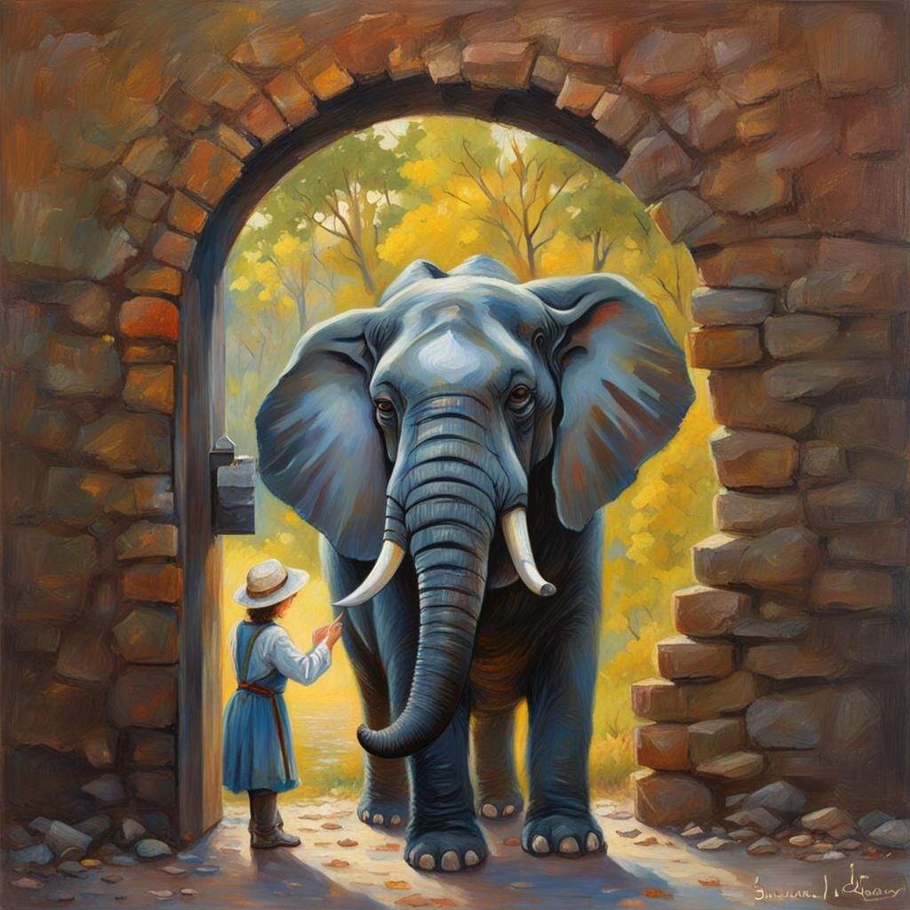Elephant Through Keyhole: Oil Painting in Gurney Style